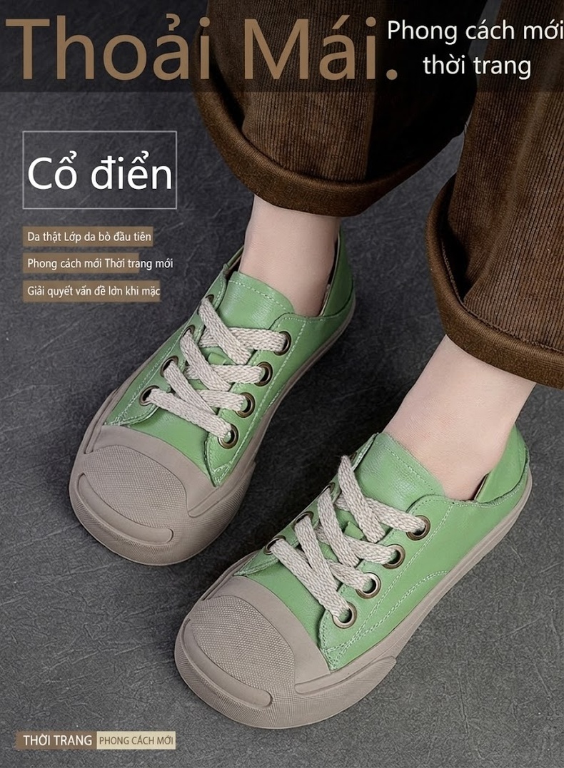 Giày Bệt Nữ Da Bò Mũi Tròn Buộc Dây Chiều Cao Đế Khoảng 3cm Màu Trắng, Xanh Lá chi tiết 1