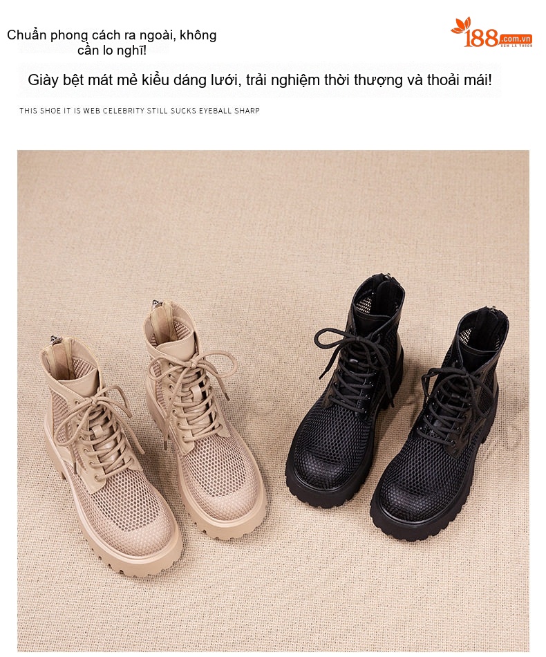 Giày Boot Cao Cổ Nữ Lưới Lỗ Chiều Cao Đế Khoảng 5cm Màu Be, Đen chi tiết 4