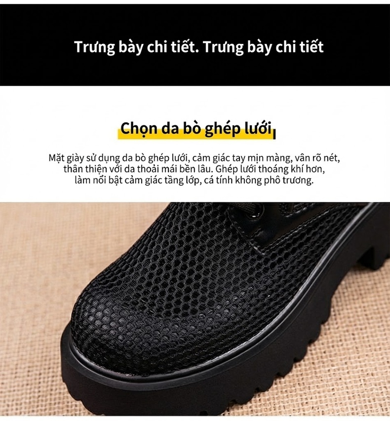 Giày Boot Cao Cổ Nữ Lưới Lỗ Chiều Cao Đế Khoảng 5cm Màu Be, Đen chi tiết 7