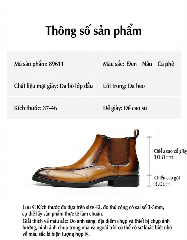 Giày Boot Chelsea Nam Da Thật Mũi Nhọn Chiều Cao Đế Khoảng 3cm Màu Nâu, Đen chi tiết 2