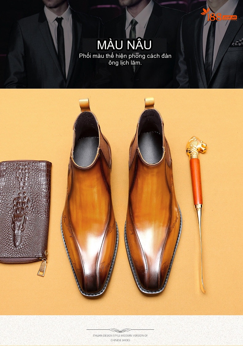 Giày Boot Chelsea Nam Da Thật Mũi Nhọn Chiều Cao Đế Khoảng 3cm Màu Nâu, Đen chi tiết 4