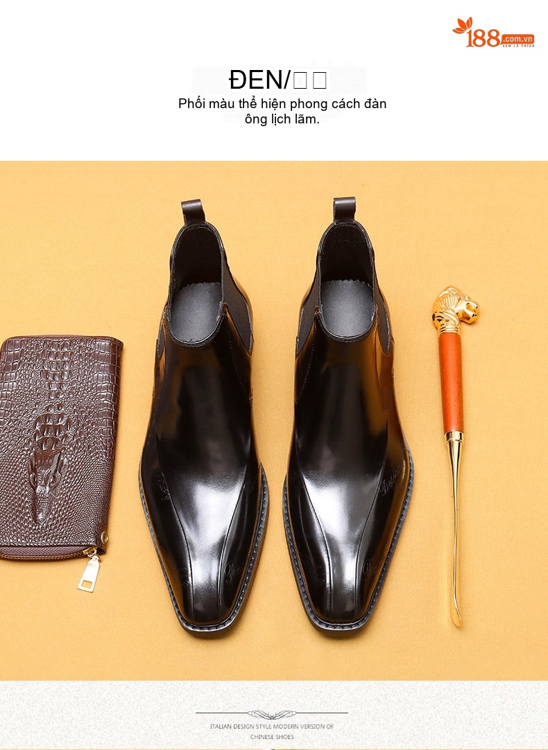 Giày Boot Chelsea Nam Da Thật Mũi Nhọn Chiều Cao Đế Khoảng 3cm Màu Nâu, Đen chi tiết 11