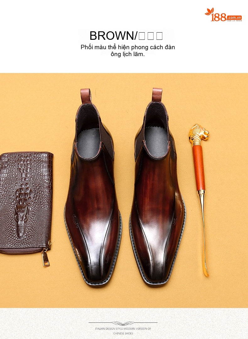 Giày Boot Chelsea Nam Da Thật Mũi Nhọn Chiều Cao Đế Khoảng 3cm Màu Nâu, Đen chi tiết 18