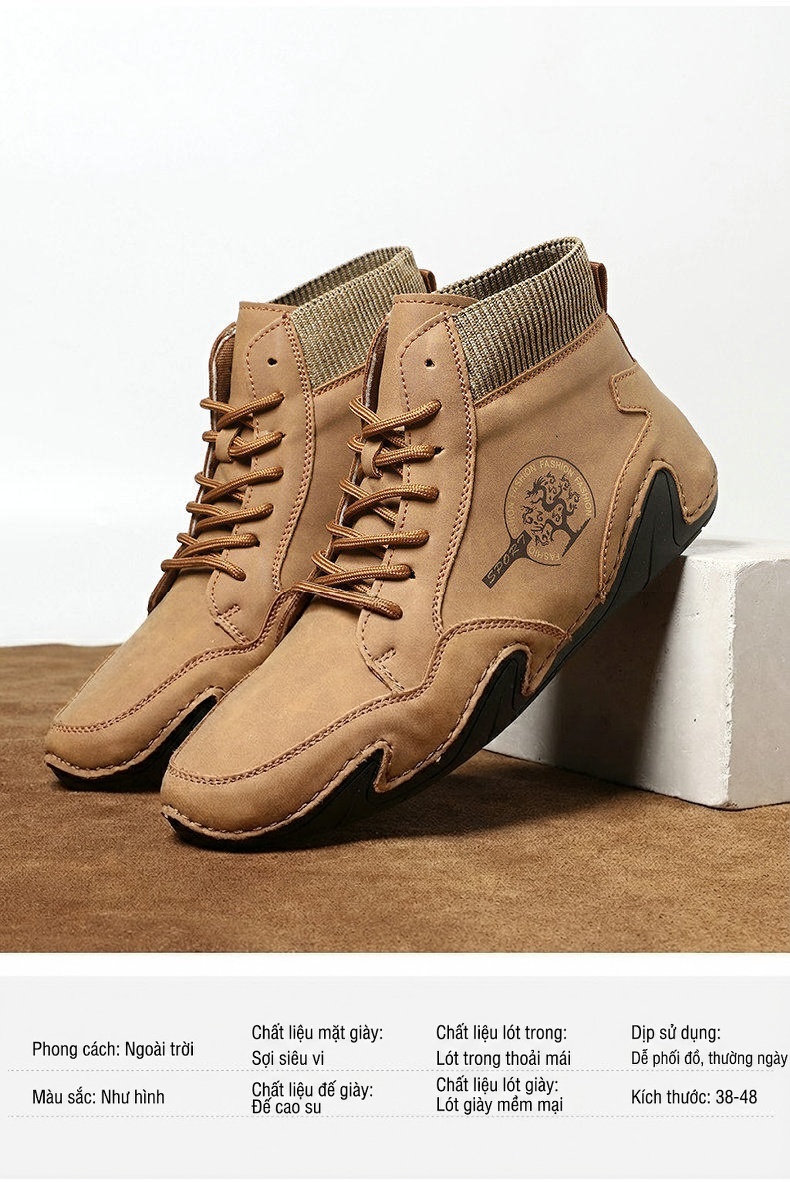 Giày Boot Cổ Cao Nam Da Mờ Buộc Dây Chiều Cao Đế Khoảng 3cm Màu Nâu, Xám, Đen, Xanh... chi tiết 3