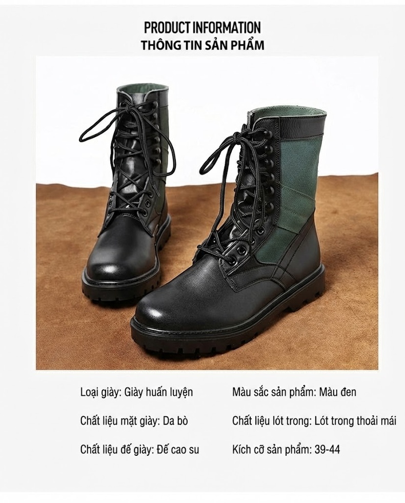 Giày Boot Martin Cổ Cao Nam Da Thật Chiều Cao Đế Khoảng 3cm Màu Đen chi tiết 2