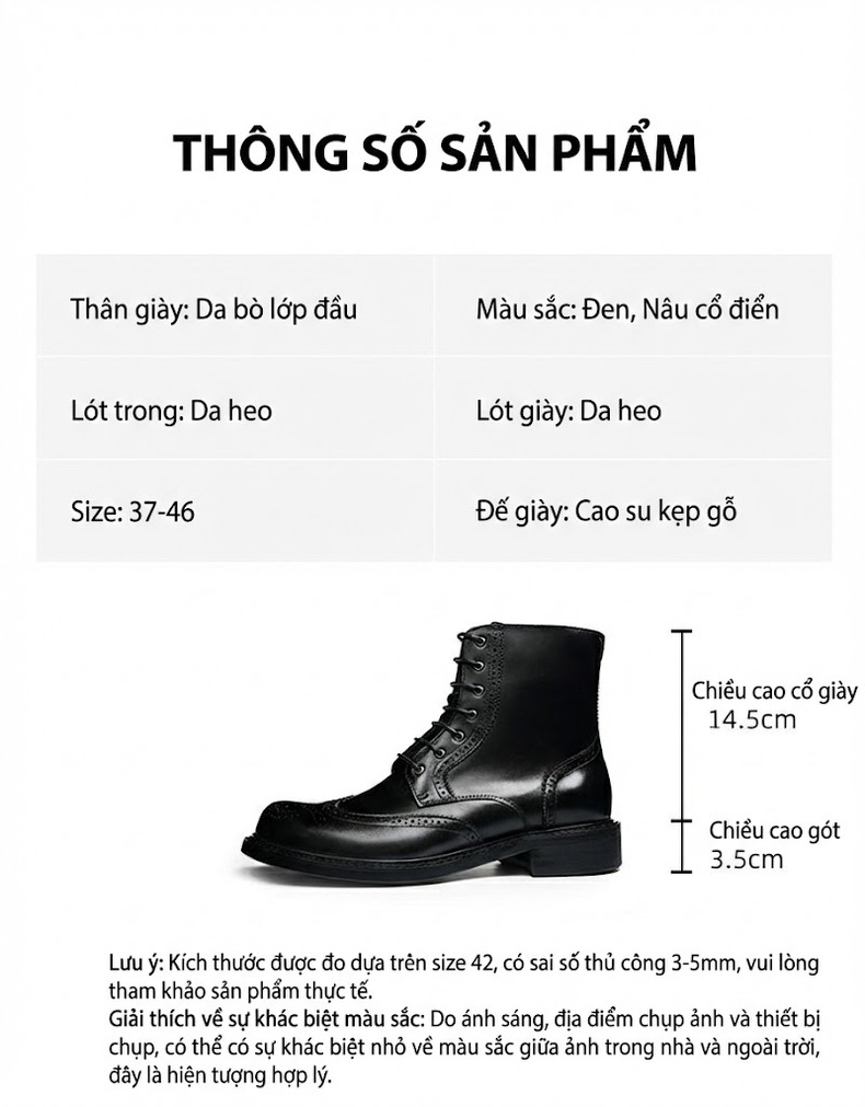 Giày Boot Martin Nam Cao Cổ Da Bóng Phong Cách Anh Quốc Chiều Cao Đế Khoảng 3cm Màu Đen, Nâu chi tiết 2