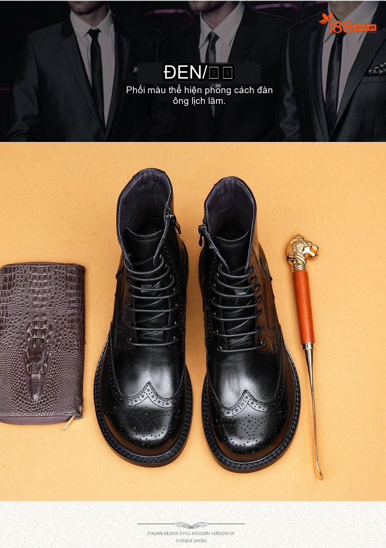 Giày Boot Martin Nam Cao Cổ Da Bóng Phong Cách Anh Quốc Chiều Cao Đế Khoảng 3cm Màu Đen, Nâu chi tiết 4
