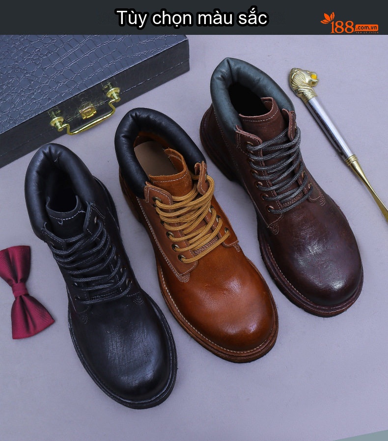 Giày Boot Martin Nam Cao Cổ Da Thật Kiểu Dáng Cổ Điển Chiều Cao Đế Khoảng 3cm Màu Nâu, Đen chi tiết 2