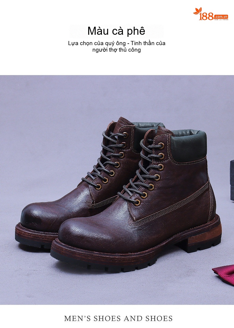 Giày Boot Martin Nam Cao Cổ Da Thật Kiểu Dáng Cổ Điển Chiều Cao Đế Khoảng 3cm Màu Nâu, Đen chi tiết 4