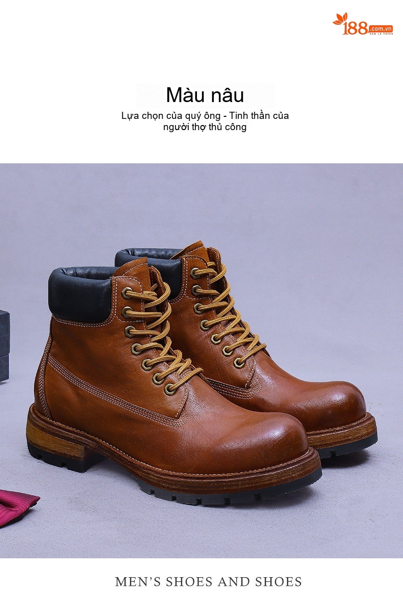 Giày Boot Martin Nam Cao Cổ Da Thật Kiểu Dáng Cổ Điển Chiều Cao Đế Khoảng 3cm Màu Nâu, Đen chi tiết 15