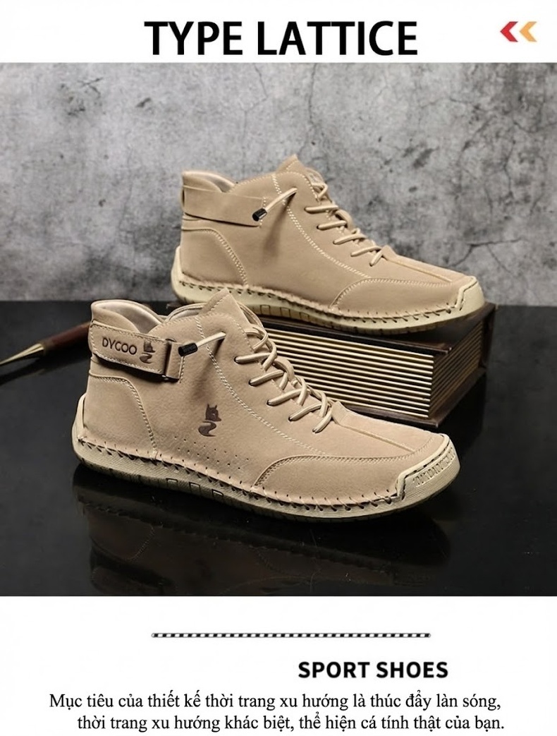Giày Boot Martin Nam Cao Cổ Khâu Tay Thủ Công Mùa Đông Chiều Cao Đế Khoảng 3cm Màu Kem, Đen, Xám chi tiết 3