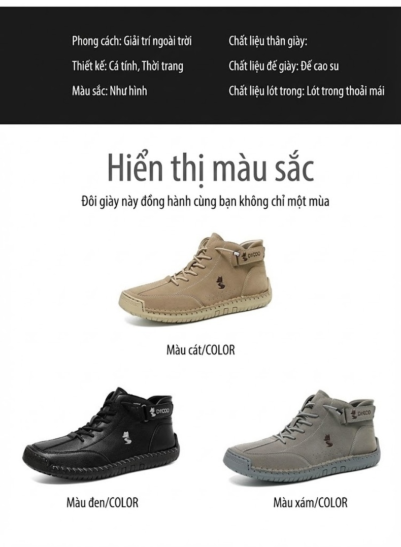 Giày Boot Martin Nam Cao Cổ Khâu Tay Thủ Công Mùa Đông Chiều Cao Đế Khoảng 3cm Màu Kem, Đen, Xám chi tiết 4