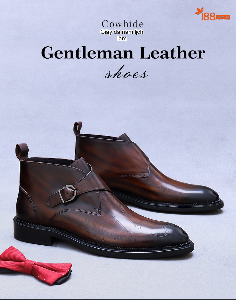 Giày Boot Martin Nam Da Bò Khóa Cài Phong Cách Anh Chiều Cao Đế Khoảng 3cm Màu Đen, Nâu chi tiết 1