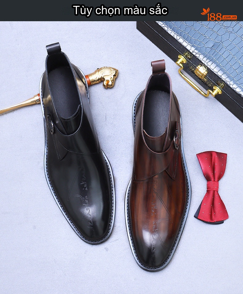 Giày Boot Martin Nam Da Bò Khóa Cài Phong Cách Anh Chiều Cao Đế Khoảng 3cm Màu Đen, Nâu chi tiết 2