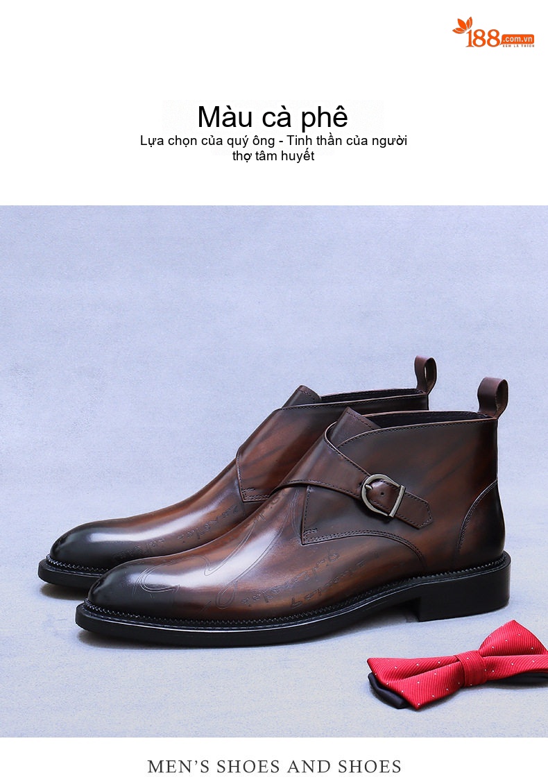 Giày Boot Martin Nam Da Bò Khóa Cài Phong Cách Anh Chiều Cao Đế Khoảng 3cm Màu Đen, Nâu chi tiết 3