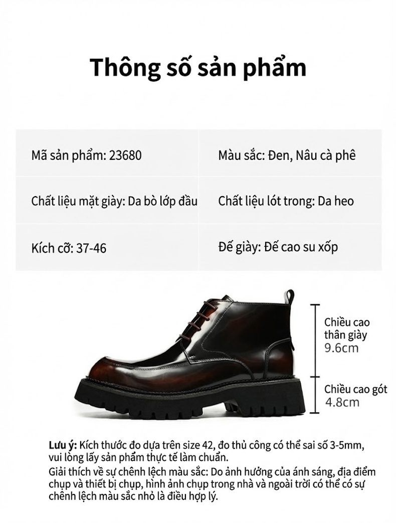 Giày Boot Martin Nam Da Bóng Có Khóa Kéo Chiều Cao Đế Khoảng 5cm Màu Đen, Nâu chi tiết 2
