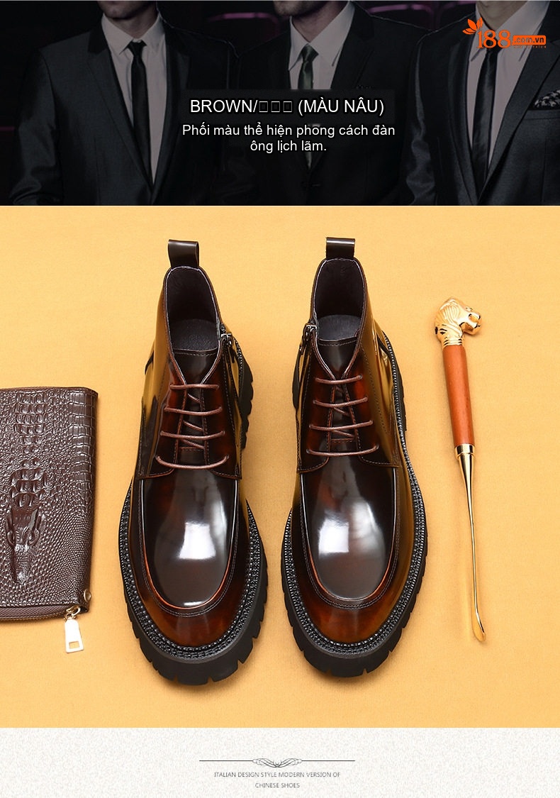 Giày Boot Martin Nam Da Bóng Có Khóa Kéo Chiều Cao Đế Khoảng 5cm Màu Đen, Nâu chi tiết 4