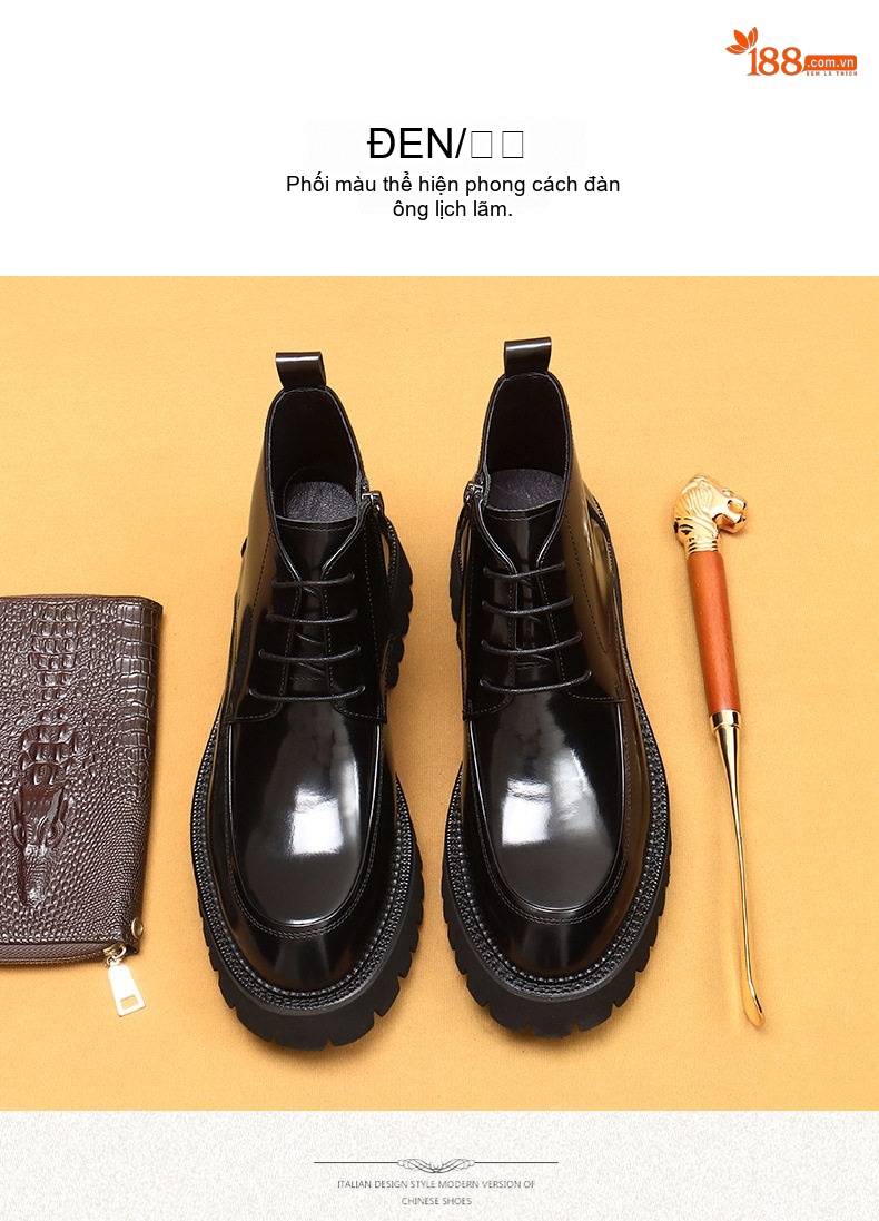 Giày Boot Martin Nam Da Bóng Có Khóa Kéo Chiều Cao Đế Khoảng 5cm Màu Đen, Nâu chi tiết 12