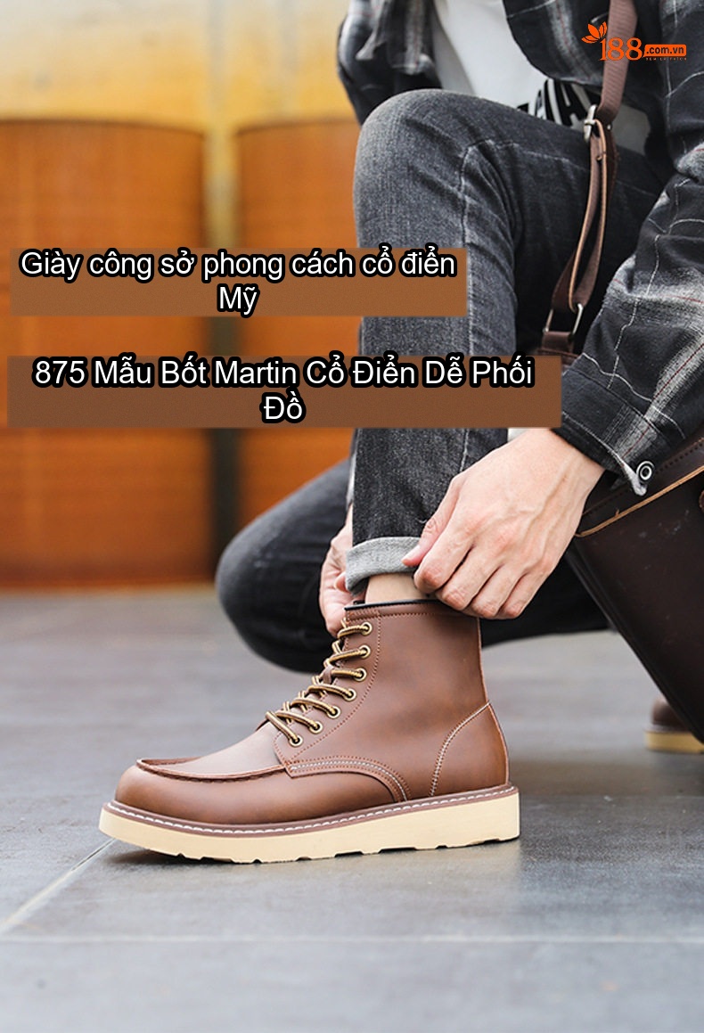 Giày Boot Martin Nam Da Bóng Cổ Lửng Đế Cao 3cm Phong Cách Mỹ Cổ Điển chi tiết 1