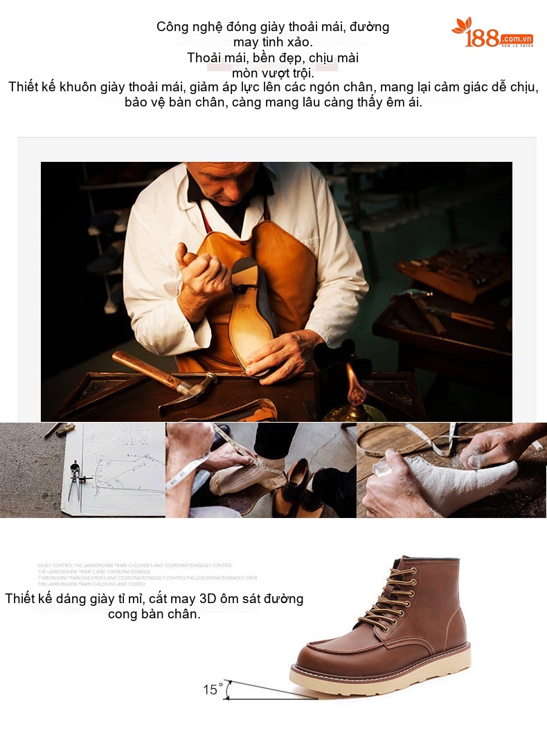 Giày Boot Martin Nam Da Bóng Cổ Lửng Đế Cao 3cm Phong Cách Mỹ Cổ Điển chi tiết 4