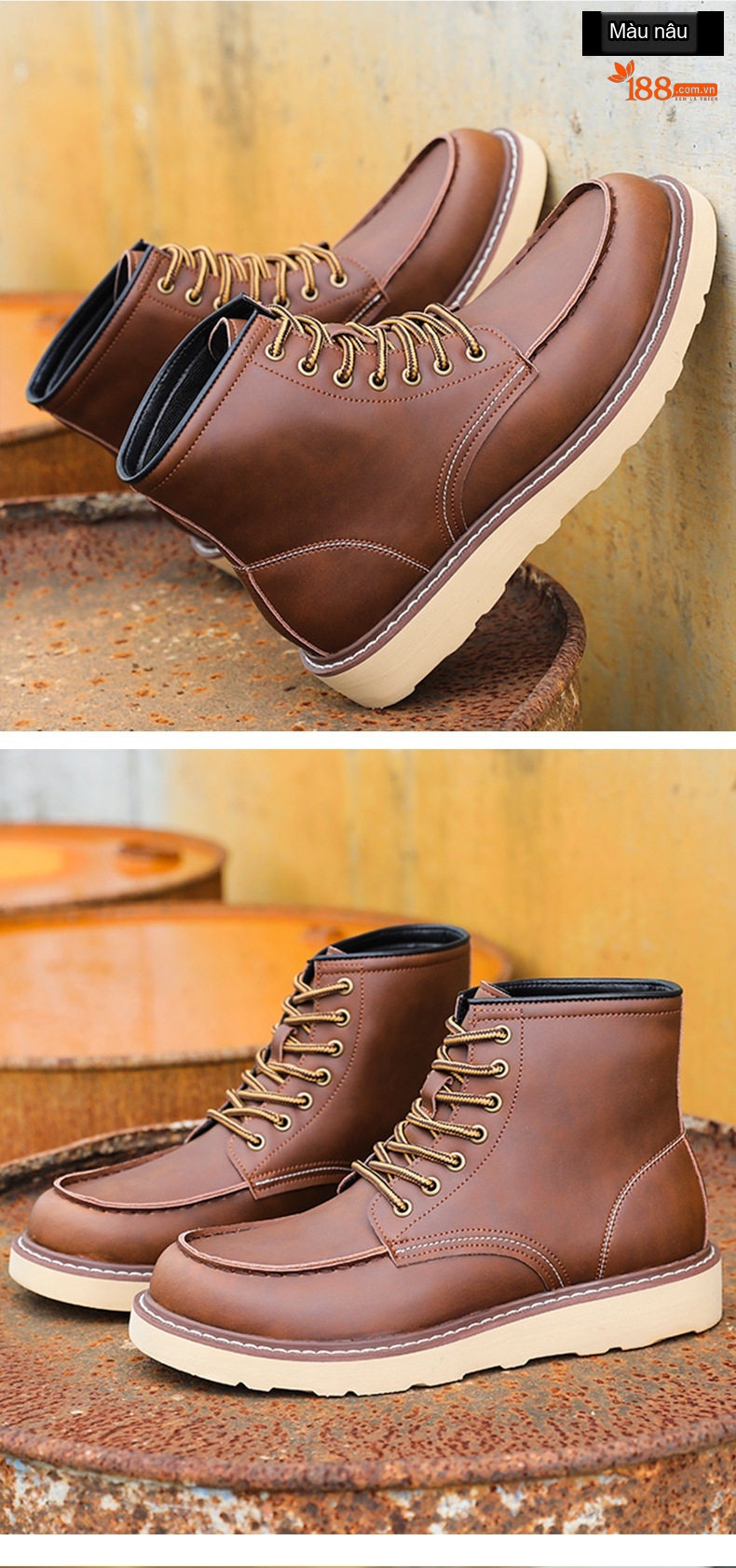 Giày Boot Martin Nam Da Bóng Cổ Lửng Đế Cao 3cm Phong Cách Mỹ Cổ Điển chi tiết 9