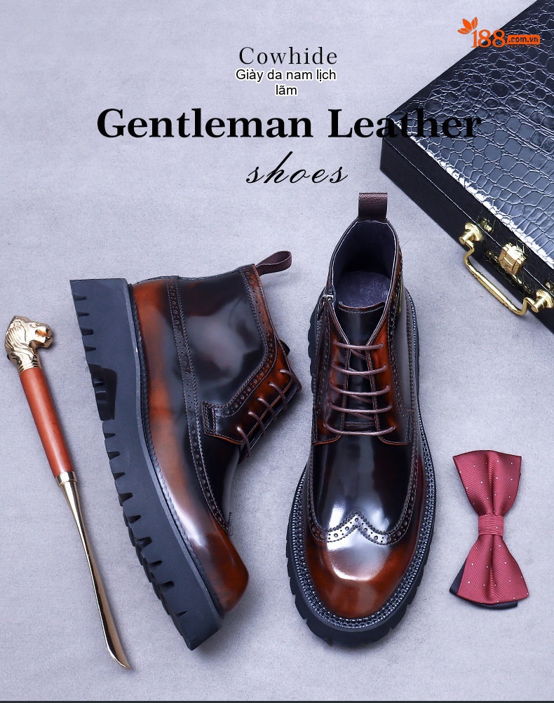 Giày Boot Martin Nam Da Bóng Kiểu Anh Quốc Chiều Cao Đế Khoảng 5cm Màu Nâu Đen chi tiết 1