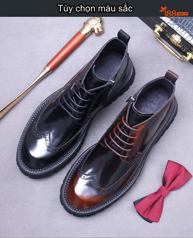 Giày Boot Martin Nam Da Bóng Kiểu Anh Quốc Chiều Cao Đế Khoảng 5cm Màu Nâu Đen chi tiết 2