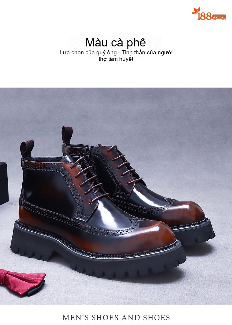 Giày Boot Martin Nam Da Bóng Kiểu Anh Quốc Chiều Cao Đế Khoảng 5cm Màu Nâu Đen chi tiết 3