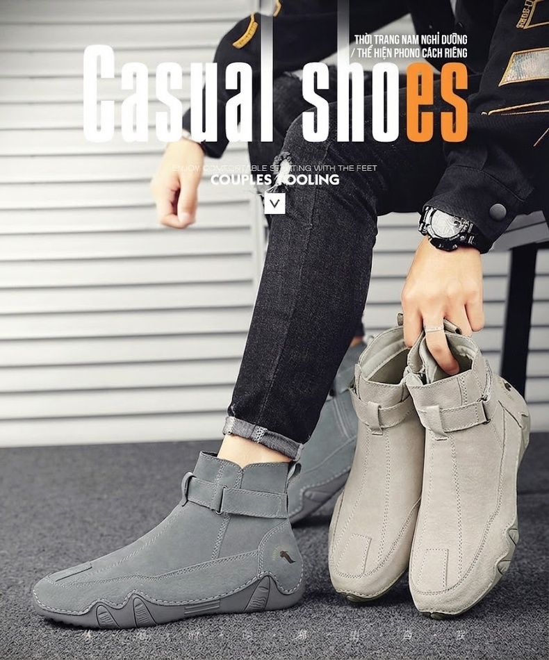 Giày Boot Martin Nam Da Mờ Cổ Cao Khóa Kéo Bên Hông Chiều Cao Đế Khoảng 3cm Màu Xám chi tiết 1