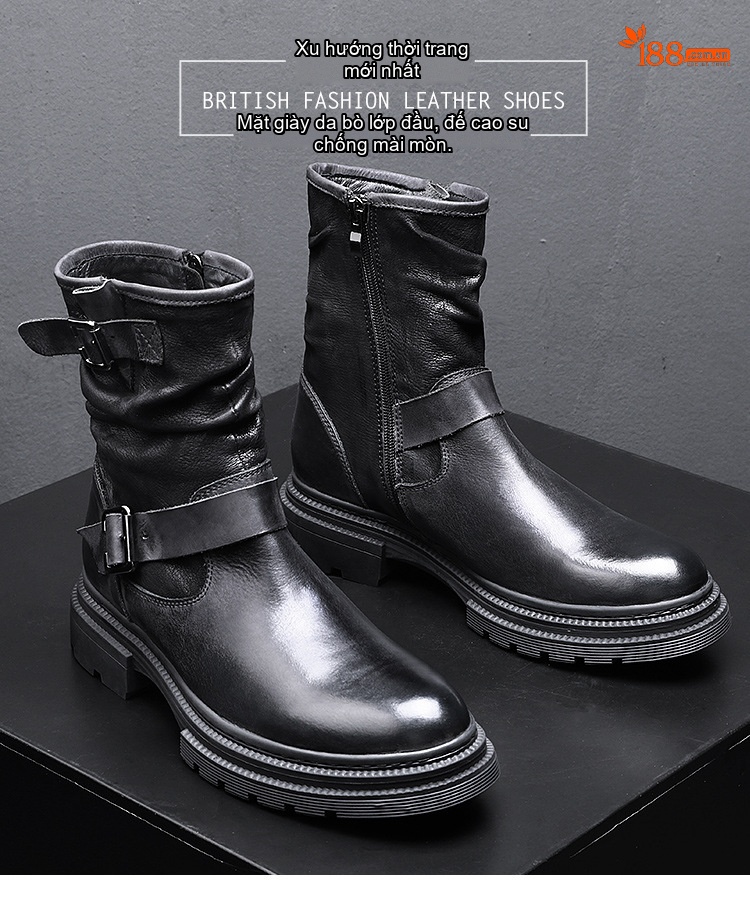 Giày Boot Martin Nam Da Thật Cao Cổ Phong Cách Anh Chiều Cao Đế Khoảng 4cm Màu Đen, Nâu chi tiết 1