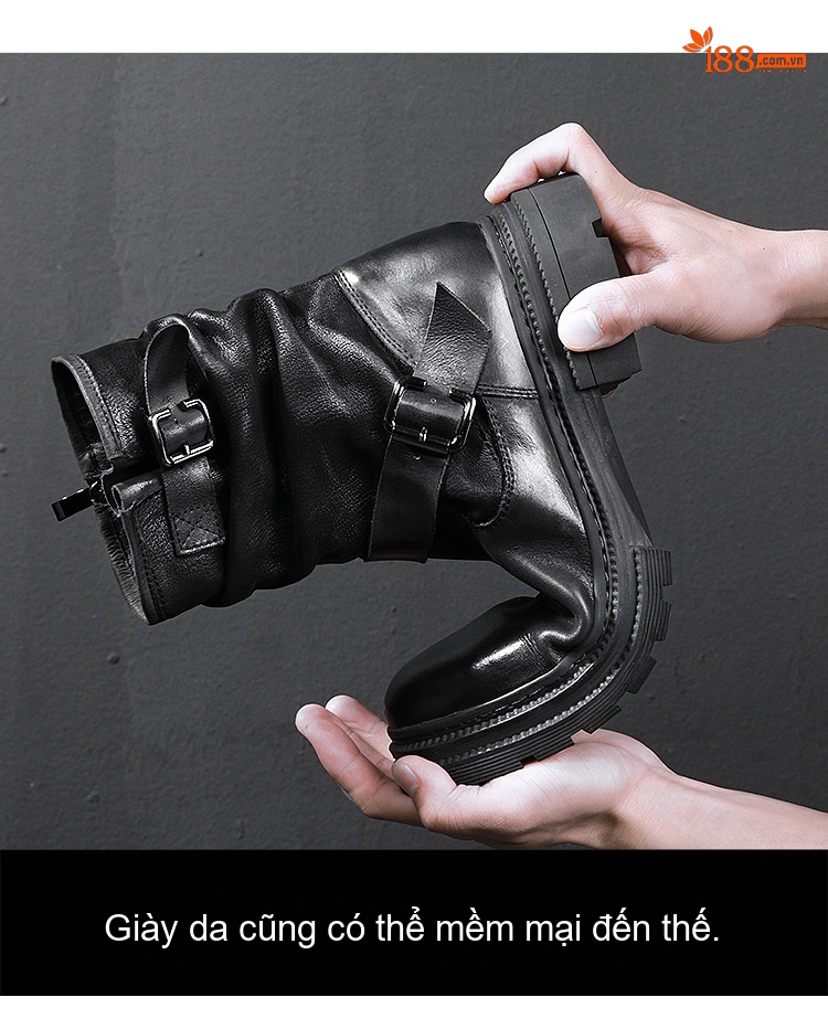 Giày Boot Martin Nam Da Thật Cao Cổ Phong Cách Anh Chiều Cao Đế Khoảng 4cm Màu Đen, Nâu chi tiết 3