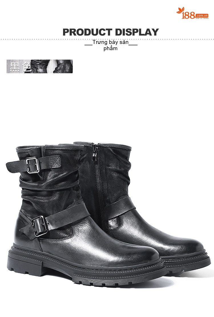 Giày Boot Martin Nam Da Thật Cao Cổ Phong Cách Anh Chiều Cao Đế Khoảng 4cm Màu Đen, Nâu chi tiết 6