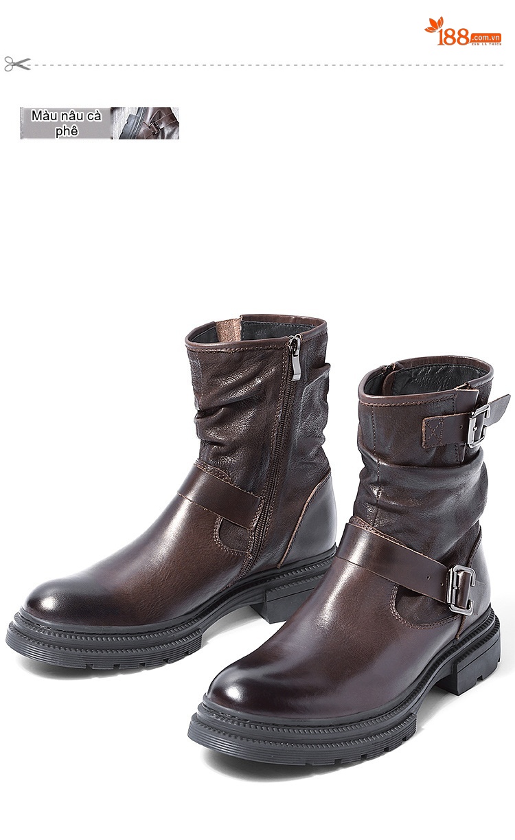 Giày Boot Martin Nam Da Thật Cao Cổ Phong Cách Anh Chiều Cao Đế Khoảng 4cm Màu Đen, Nâu chi tiết 7
