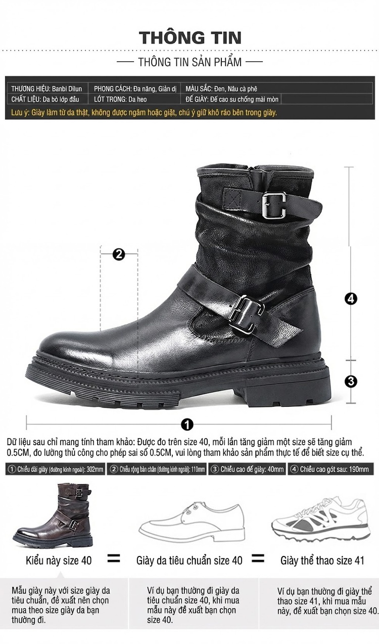 Giày Boot Martin Nam Da Thật Cao Cổ Phong Cách Anh Chiều Cao Đế Khoảng 4cm Màu Đen, Nâu chi tiết 2