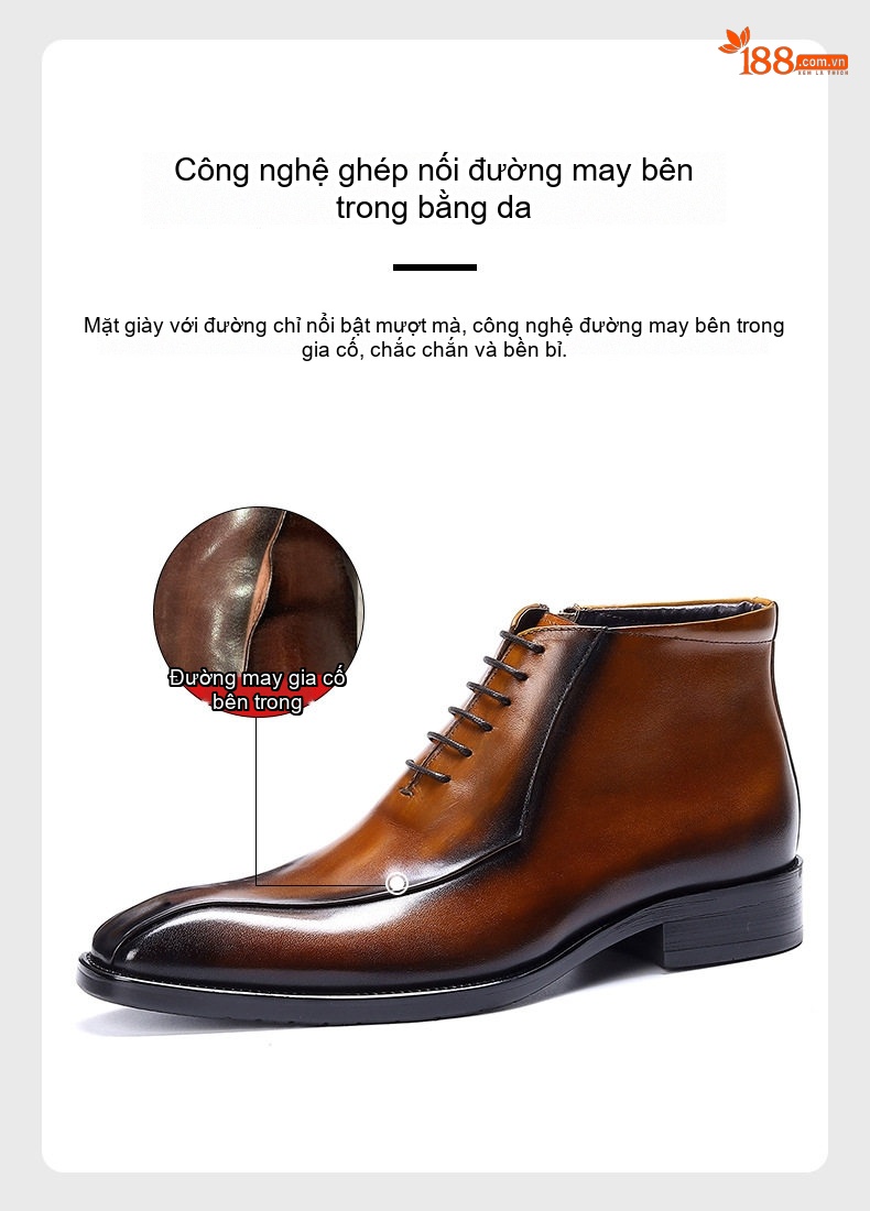 Giày Boot Martin Nam Da Thật Khóa Kéo Mũi Nhọn Cao Cổ Chiều Cao Đế Khoảng 3cm Màu Đen, Nâu chi tiết 2