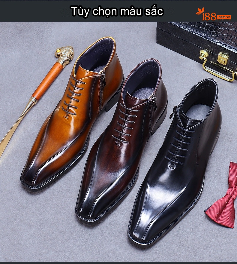 Giày Boot Martin Nam Da Thật Khóa Kéo Mũi Nhọn Cao Cổ Chiều Cao Đế Khoảng 3cm Màu Đen, Nâu chi tiết 3