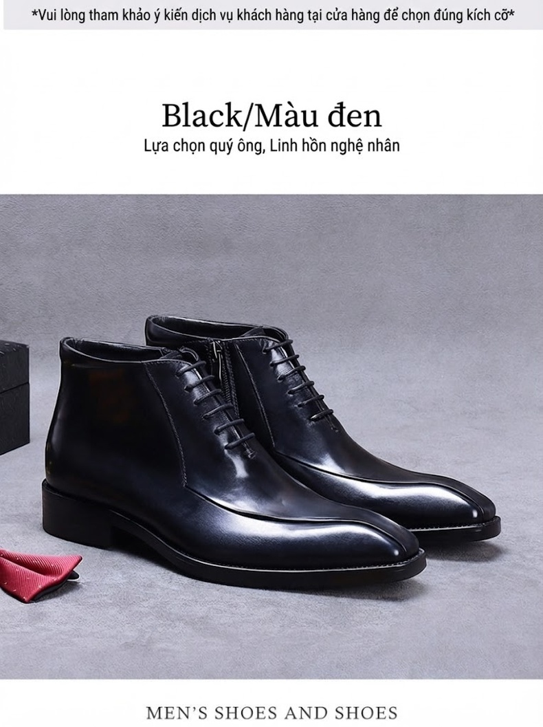 Giày Boot Martin Nam Da Thật Khóa Kéo Mũi Nhọn Cao Cổ Chiều Cao Đế Khoảng 3cm Màu Đen, Nâu chi tiết 4