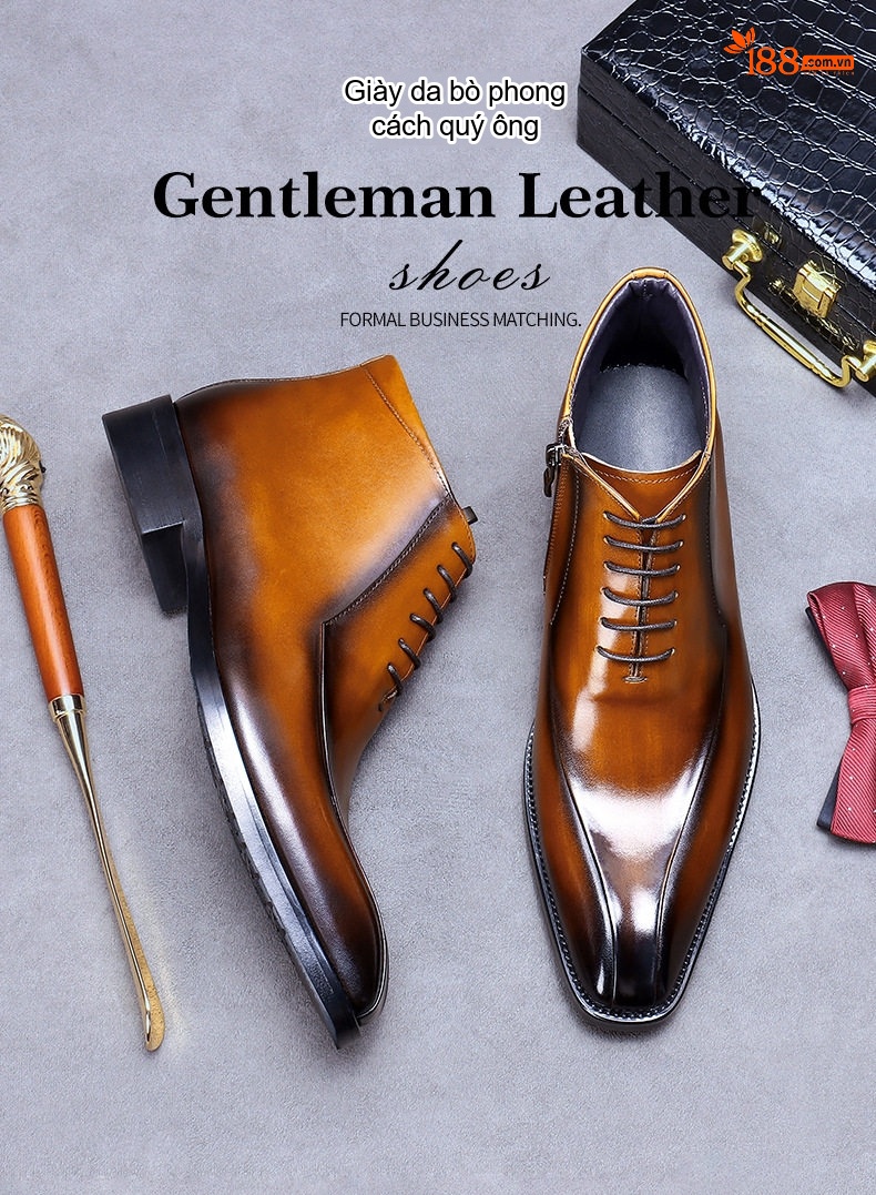 Giày Boot Martin Nam Da Thật Khóa Kéo Mũi Nhọn Cao Cổ Chiều Cao Đế Khoảng 3cm Màu Đen, Nâu chi tiết 1