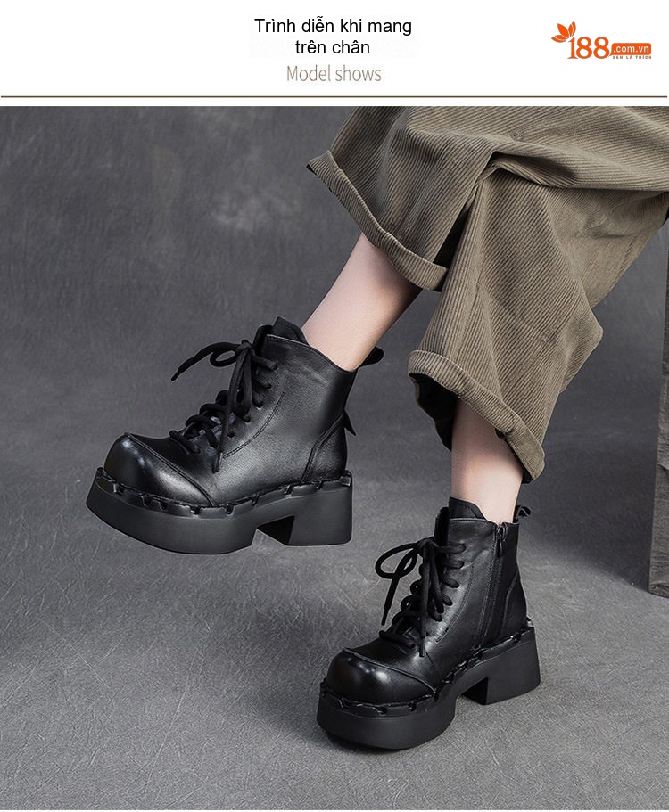 Giày Boot Martin Nữ Cổ Cao Da Mờ Đế Dày Tăng Chiều Cao Khoảng 6cm Màu Đen, Nâu chi tiết 8