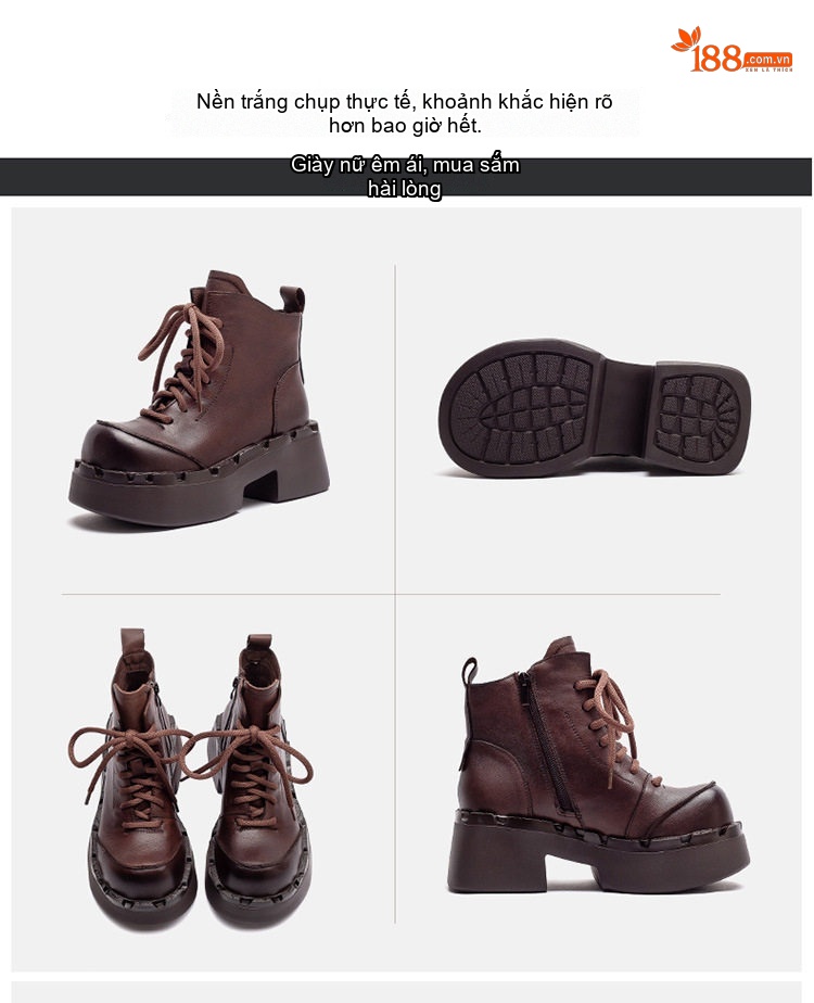 Giày Boot Martin Nữ Cổ Cao Da Mờ Đế Dày Tăng Chiều Cao Khoảng 6cm Màu Đen, Nâu chi tiết 17