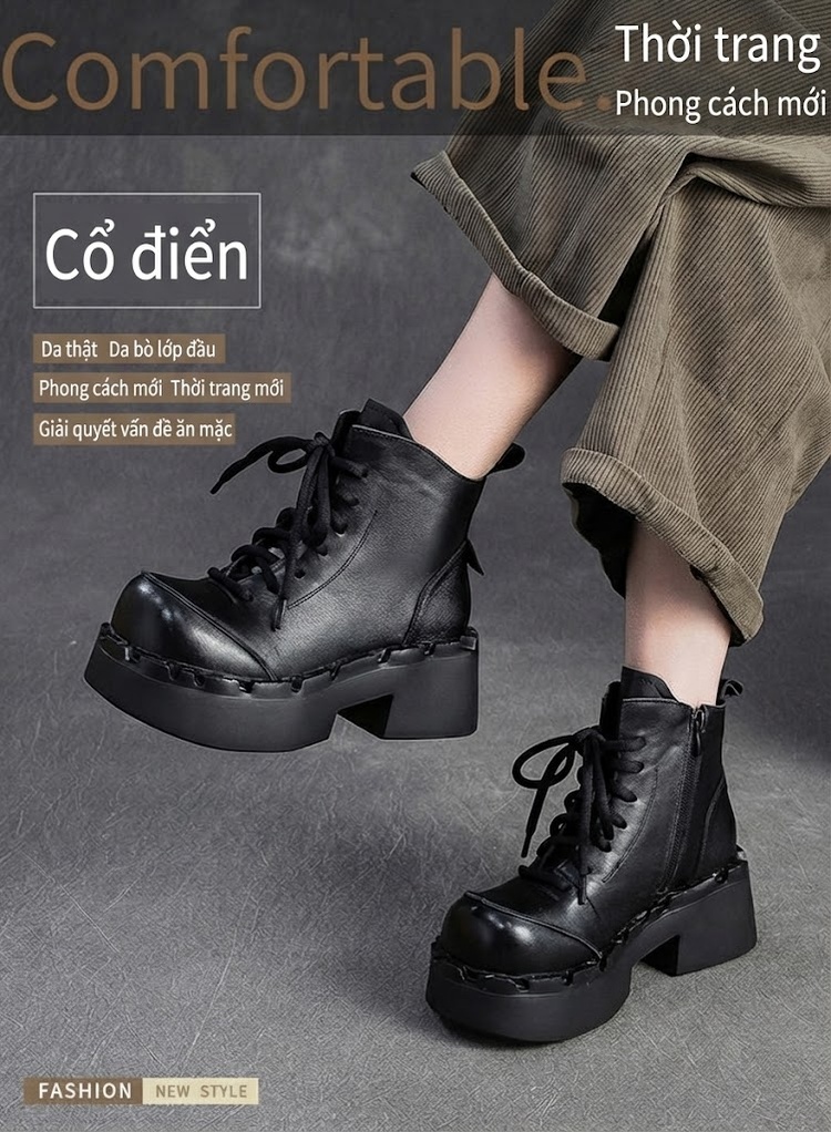 Giày Boot Martin Nữ Cổ Cao Da Mờ Đế Dày Tăng Chiều Cao Khoảng 6cm Màu Đen, Nâu chi tiết 2