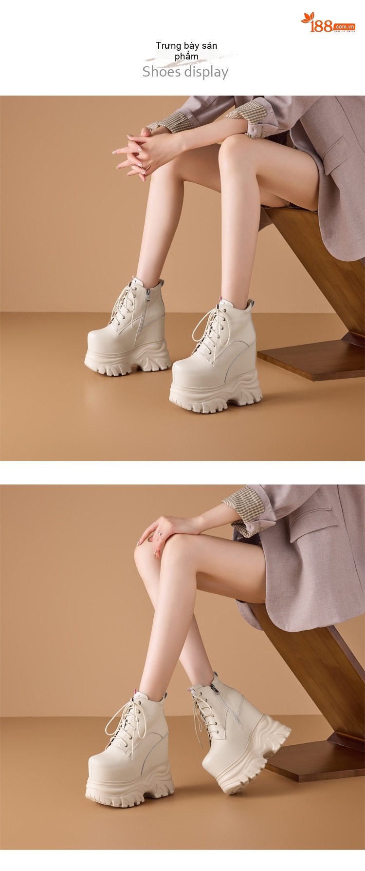 Giày Boot Martin Nữ Cổ Cao Da Thật Chiều Cao Đế Khoảng 8cm Màu Trắng Kem, Đen chi tiết 1