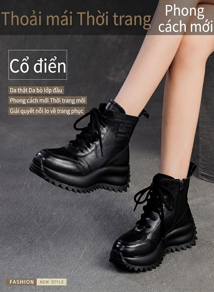 Giày Boot Martin Nữ Cổ Ngắn Đế Dày Phong Cách Anh Quốc Chiều Cao Đế Khoảng 5cm Màu Đen, Nâu chi tiết 1
