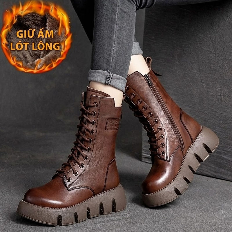 Giày Boot Martin Nữ Da Bò Cao Cổ Đế Bánh Mì Chiều Cao Đế Khoảng 5cm Lót Lông Màu Nâu, Đen