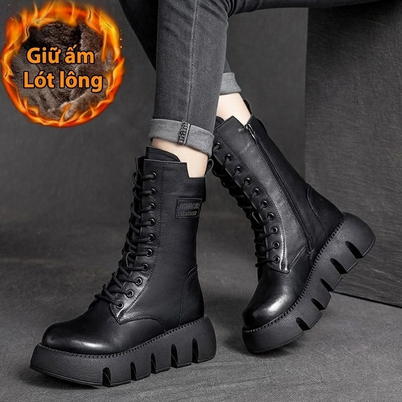 Giày Boot Martin Nữ Da Bò Cao Cổ Đế Bánh Mì Chiều Cao Đế Khoảng 5cm Lót Lông Màu Nâu, Đen