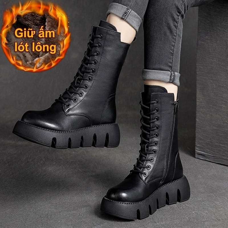 Giày Boot Martin Nữ Da Bò Cao Cổ Đế Bánh Mì Chiều Cao Đế Khoảng 5cm Lót Lông Màu Nâu, Đen
