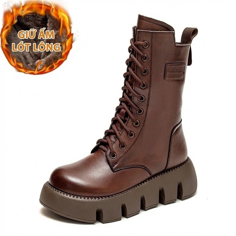 Giày Boot Martin Nữ Da Bò Cao Cổ Đế Bánh Mì Chiều Cao Đế Khoảng 5cm Lót Lông Màu Nâu, Đen