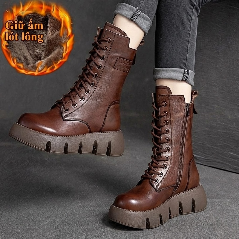 Giày Boot Martin Nữ Da Bò Cao Cổ Đế Bánh Mì Chiều Cao Đế Khoảng 5cm Lót Lông Màu Nâu, Đen