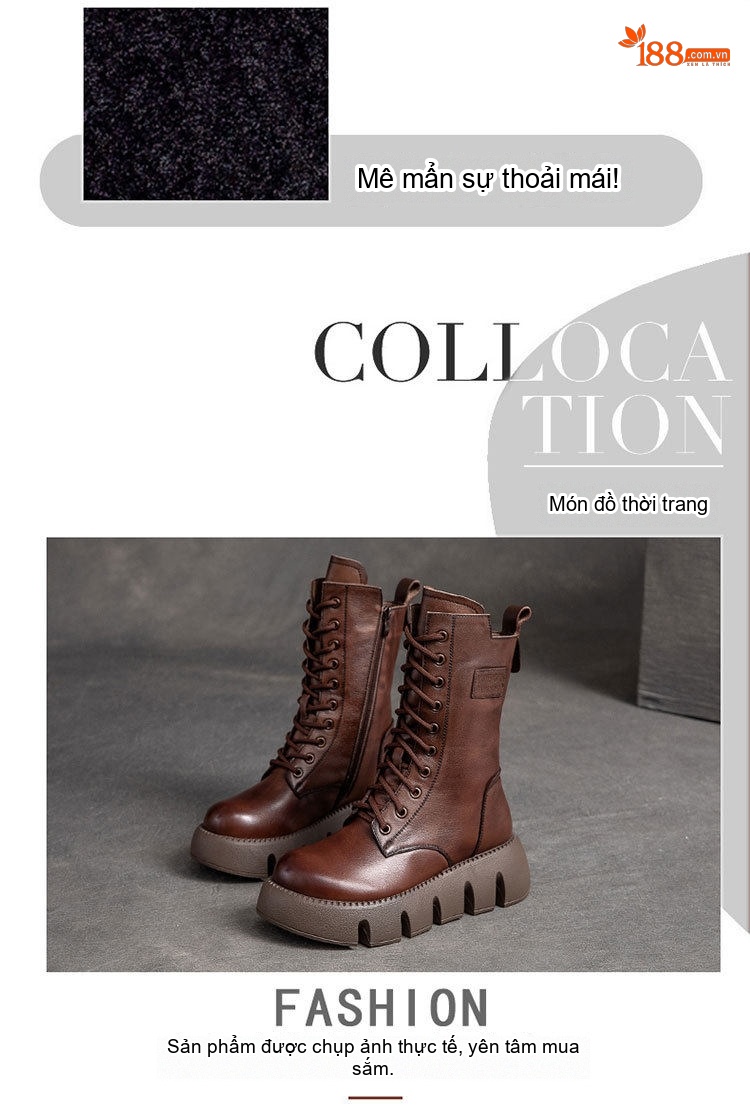 Giày Boot Martin Nữ Da Bò Cao Cổ Đế Bánh Mì Chiều Cao Đế Khoảng 5cm Lót Lông Màu Nâu, Đen chi tiết 4