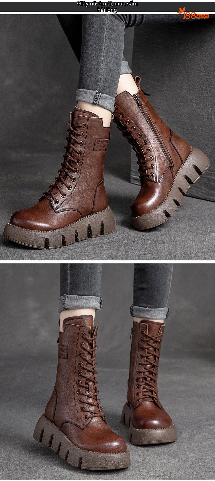 Giày Boot Martin Nữ Da Bò Cao Cổ Đế Bánh Mì Chiều Cao Đế Khoảng 5cm Lót Lông Màu Nâu, Đen chi tiết 6